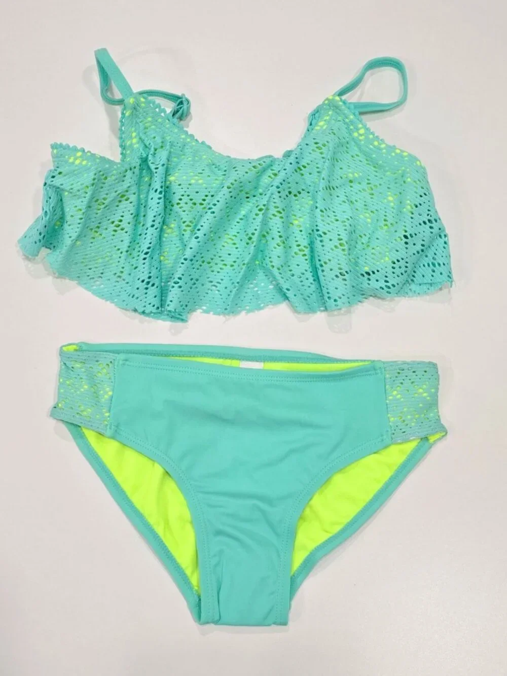 Justice ✦ Girls Two-Piece Swimsuit ✦ Crochet Ruffle Teal Neon Yellow UPF 50+ 10